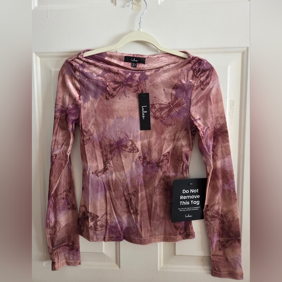 Lulus Farasha Mauve Burnout Butterfly Print Long Sleeve Top Small NWT - Picture 2 of 5